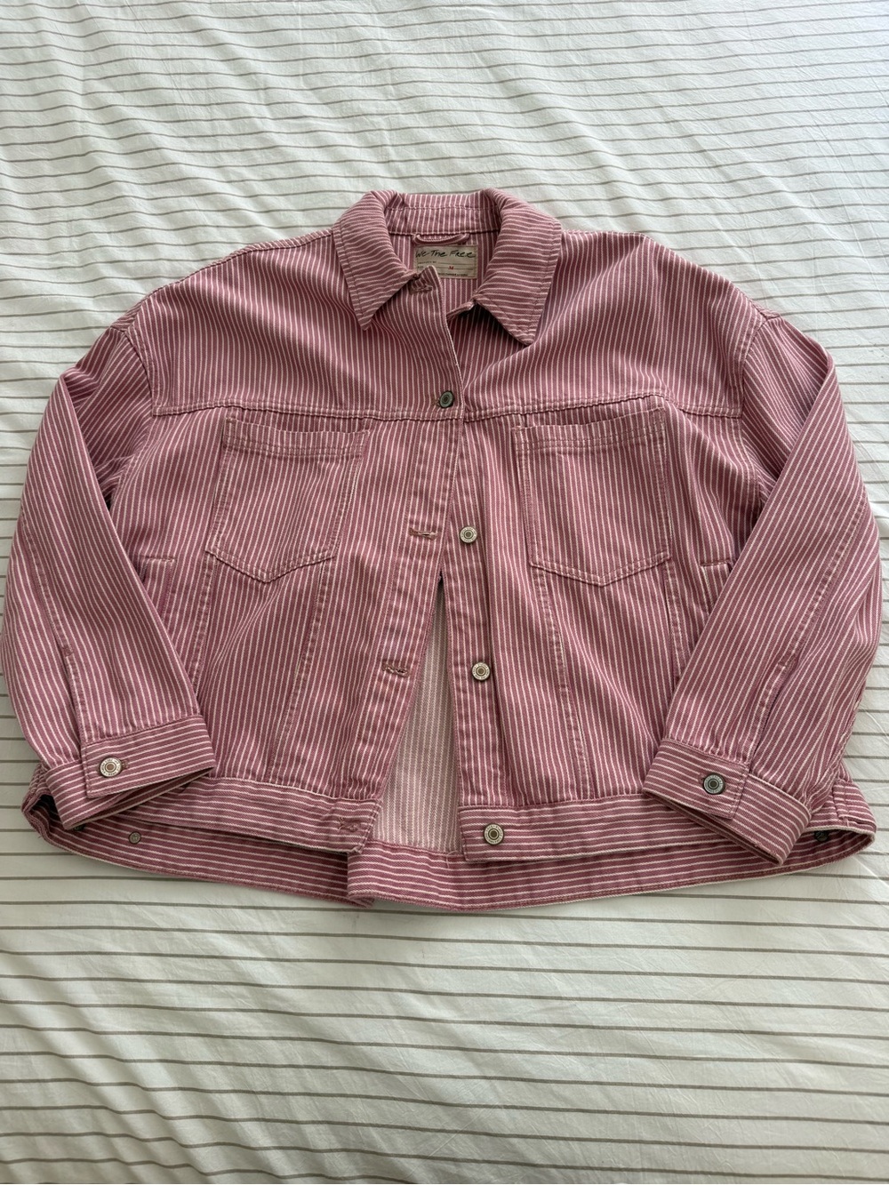Free People Pink Striped Jean Jacket